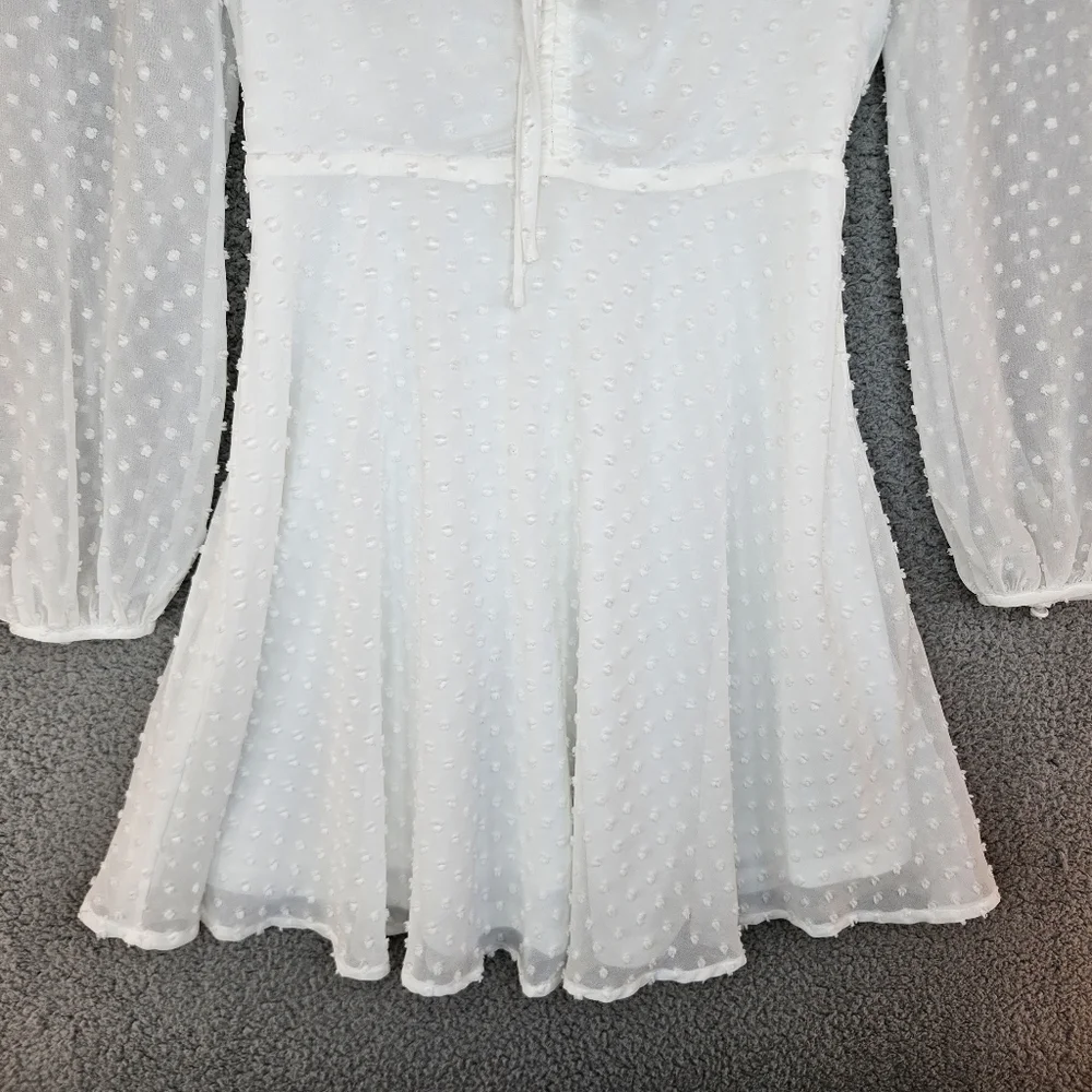Lulus Womens Wine & Dine White Swiss Dot Mini Dress Sz XS Long Sleeve - Picture 5 of 13